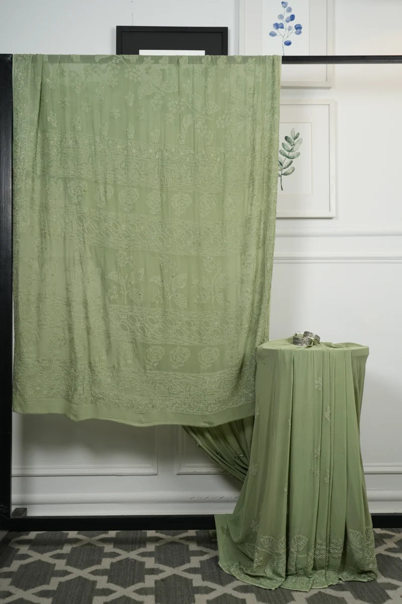 Sage Green Pure Georgette Saree with Resham Dhaga Work