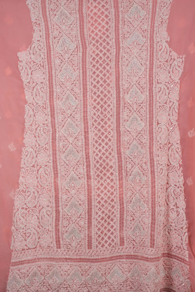 Peach Chikankari Georgette Unstitched Suit Set