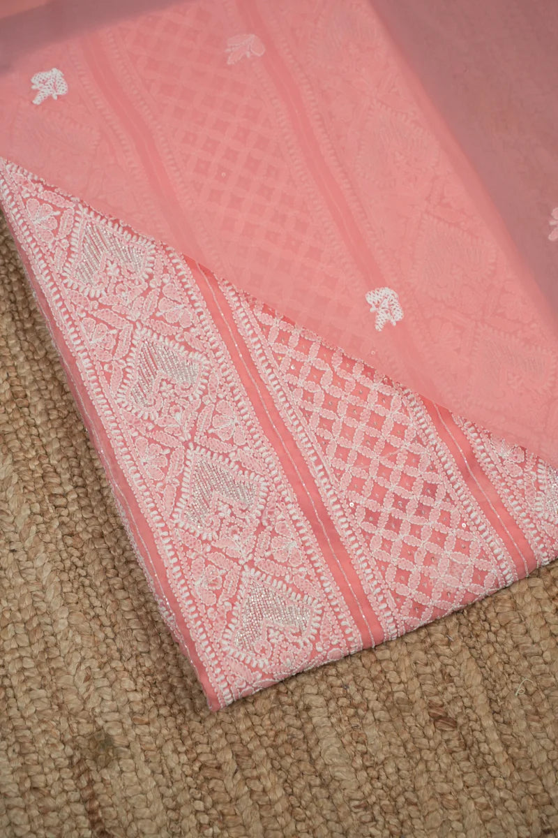 Peach Chikankari Georgette Unstitched Suit Set