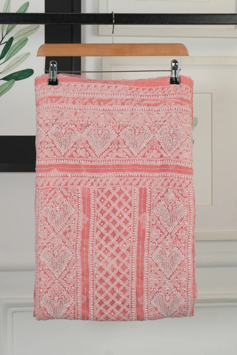 Peach Chikankari Georgette Unstitched Suit Set