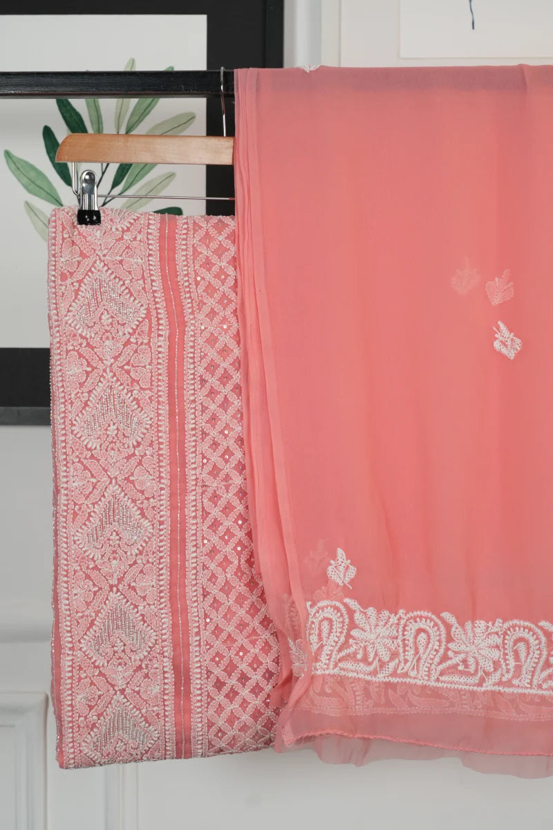 Peach Chikankari Georgette Unstitched Suit Set