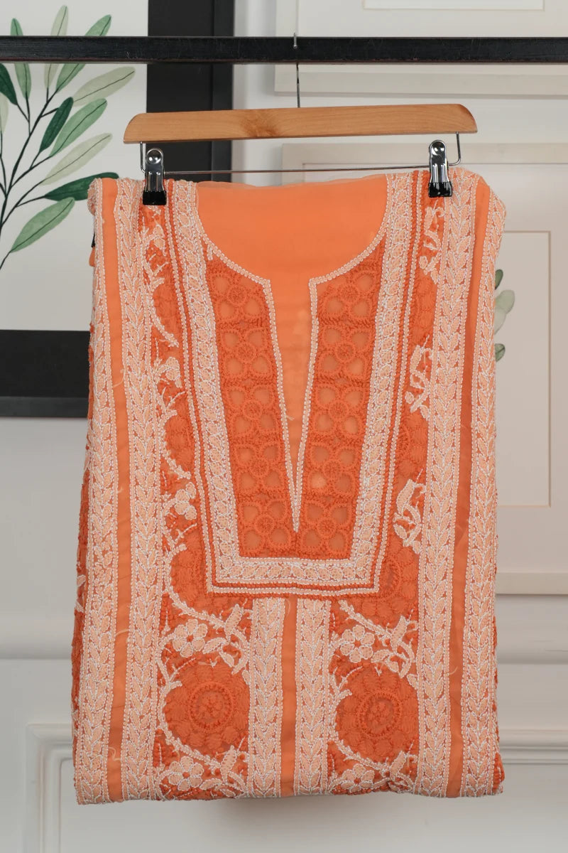 Orange Chikankari Georgette Unstitched Suit Set