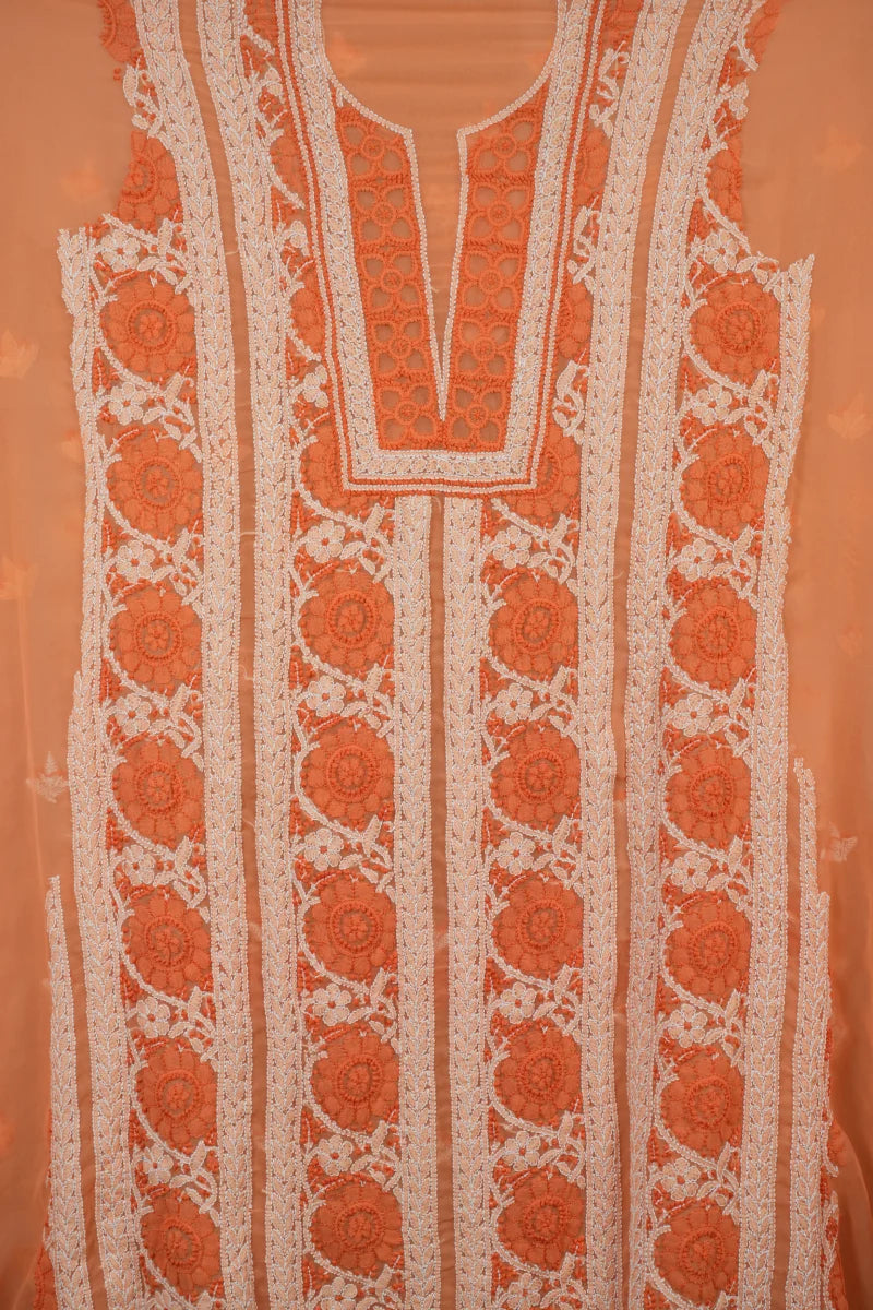 Orange Chikankari Georgette Unstitched Suit Set
