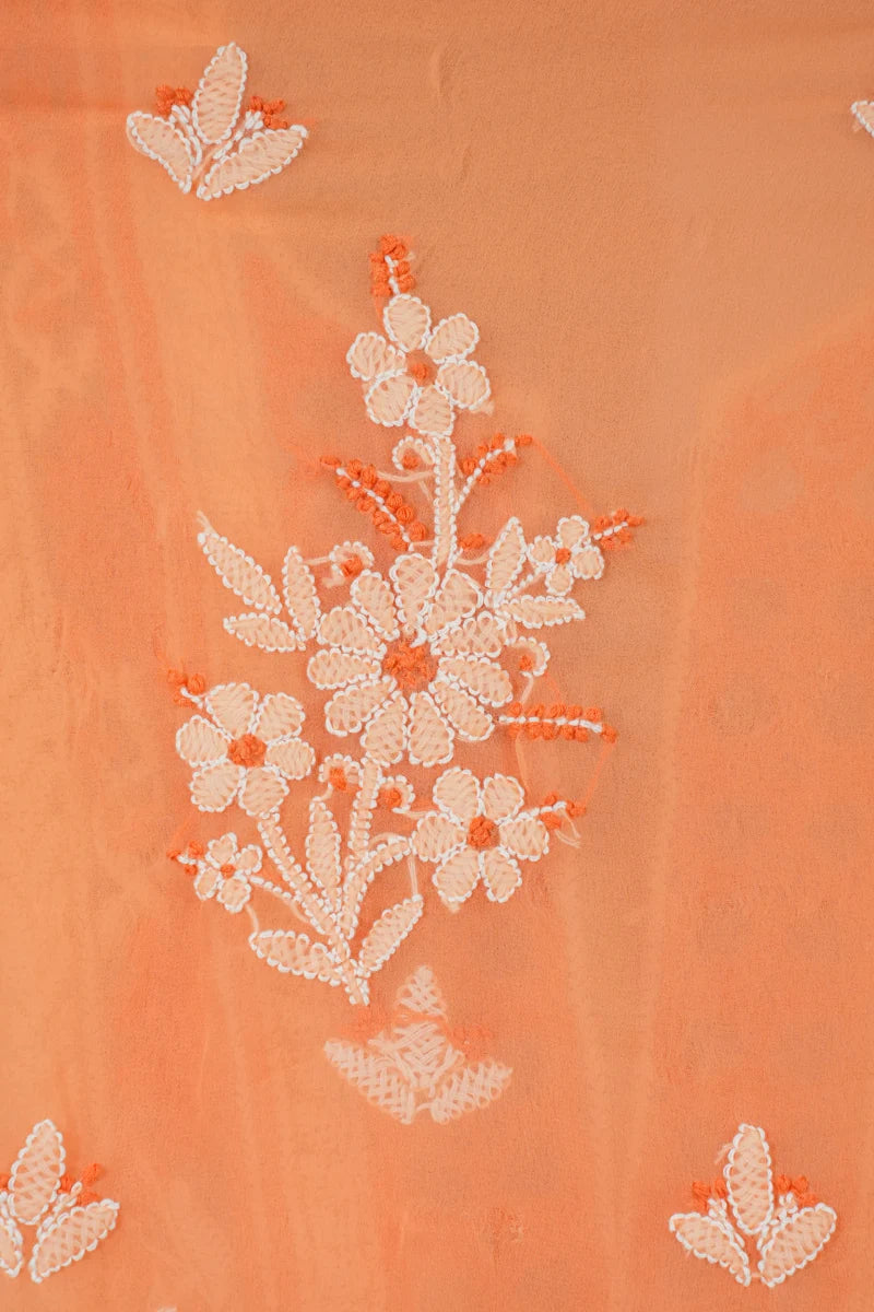 Orange Chikankari Georgette Unstitched Suit Set
