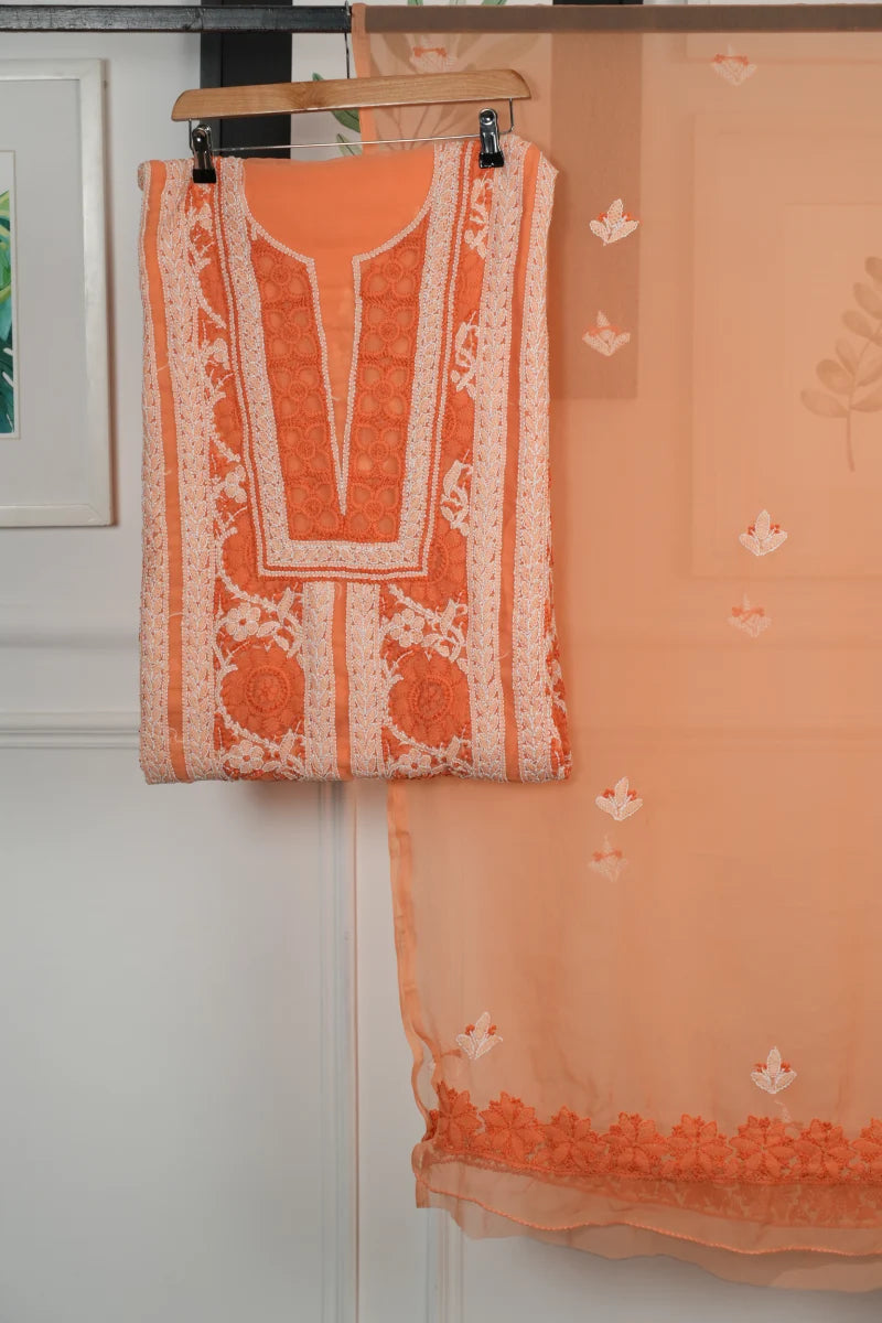 Orange Chikankari Georgette Unstitched Suit Set