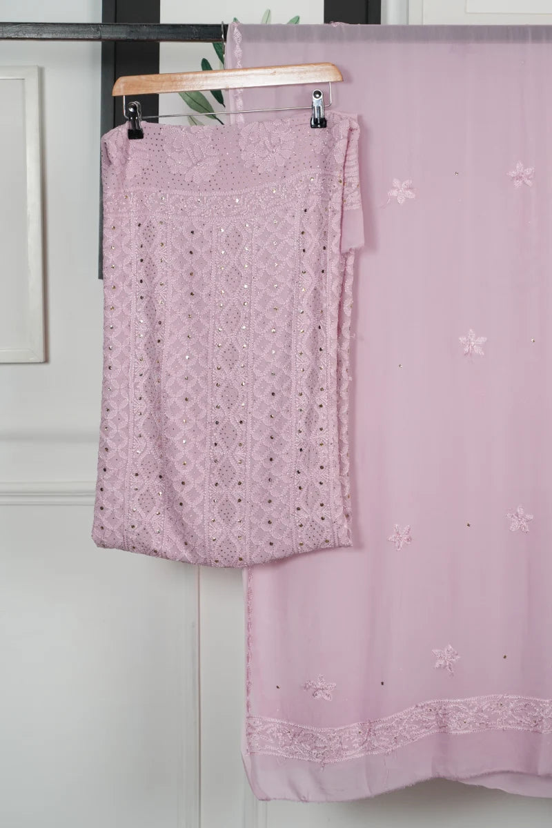 Rosy Pink Pure Georgette Chikankari Unstitched Kurta Piece with Dupatta