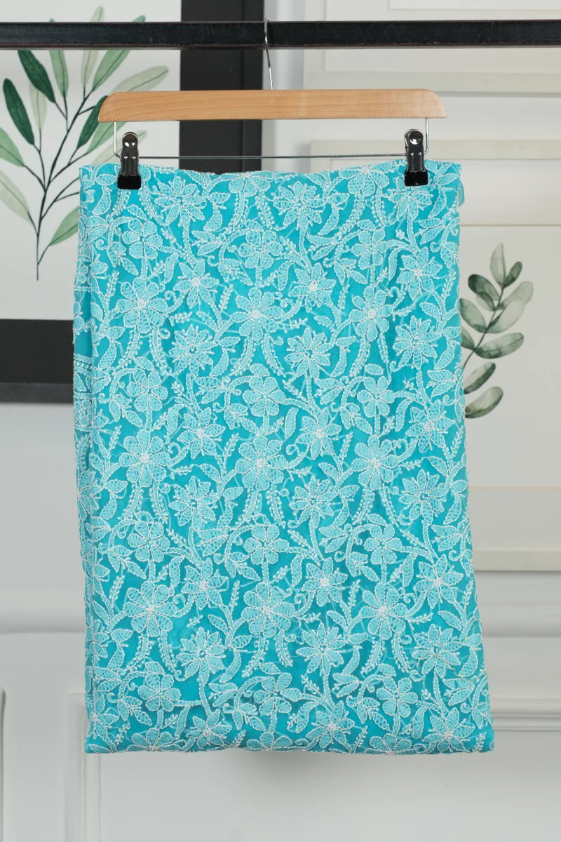 Turquoise Blue Faux Georgette Chikankari Unstitched Suit Set