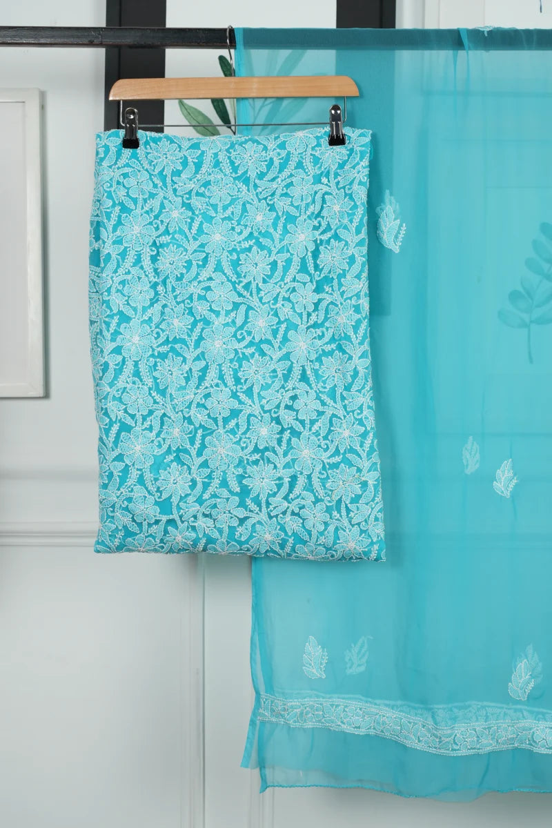 Turquoise Blue Faux Georgette Chikankari Unstitched Suit Set