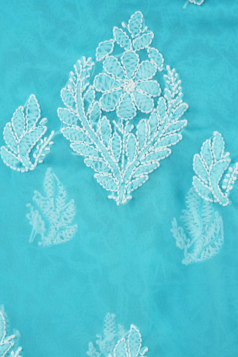 Turquoise Blue Faux Georgette Chikankari Unstitched Suit Set