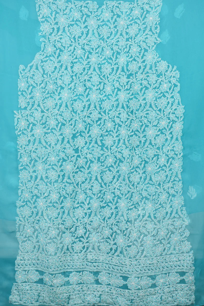 Turquoise Blue Faux Georgette Chikankari Unstitched Suit Set