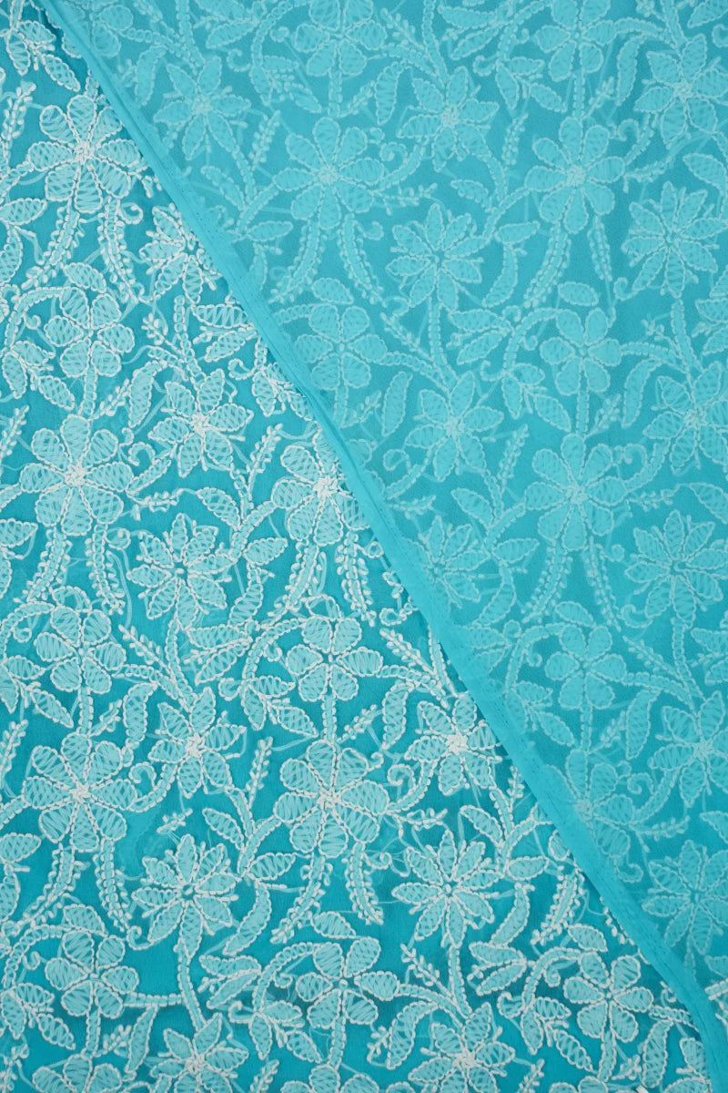 Turquoise Blue Faux Georgette Chikankari Unstitched Suit Set