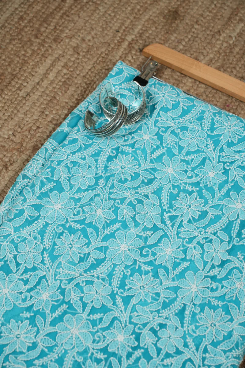 Turquoise Blue Faux Georgette Chikankari Unstitched Suit Set