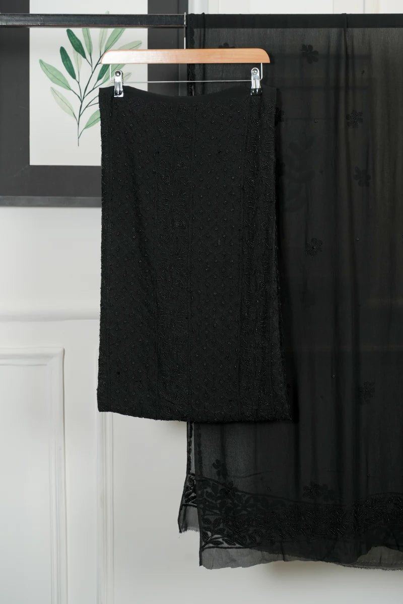 Black Pure Georgette Chikankari Unstitched Kurta Piece with Dupatta