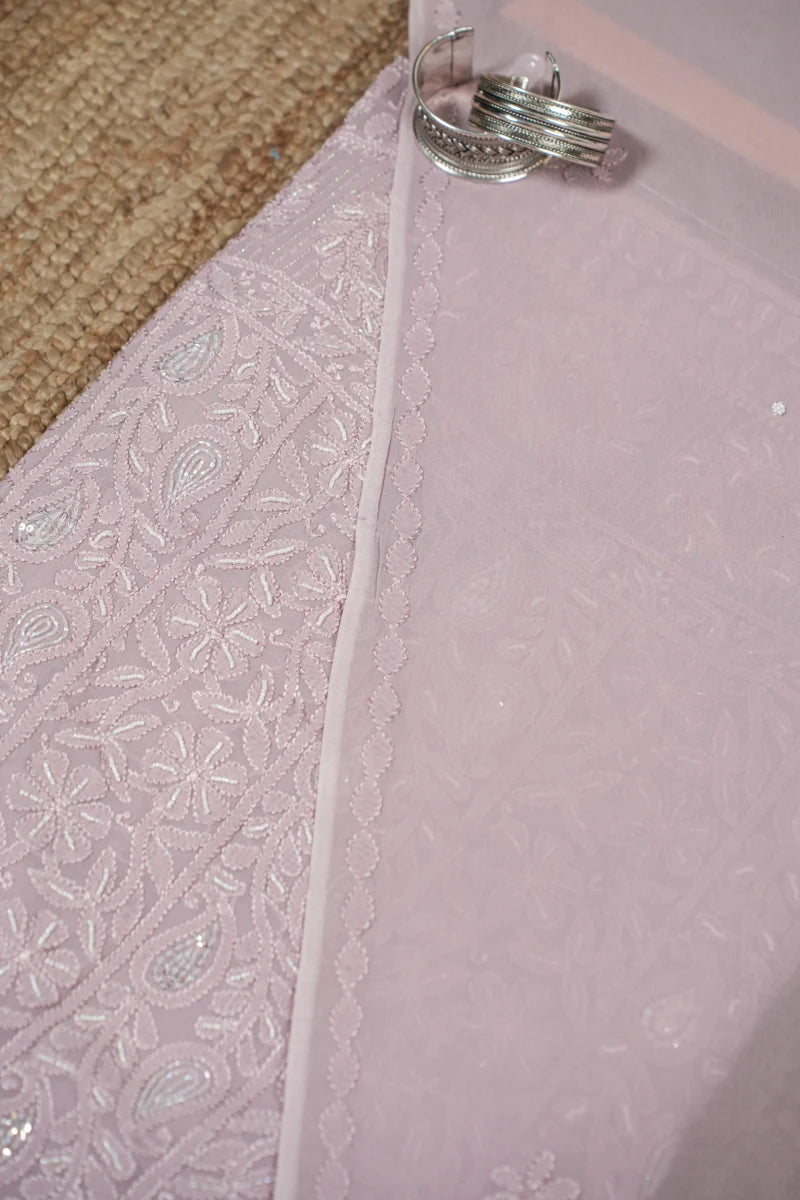 Mauve Pink Pure Georgette Chikankari Unstitched Kurta Piece with Dupatta