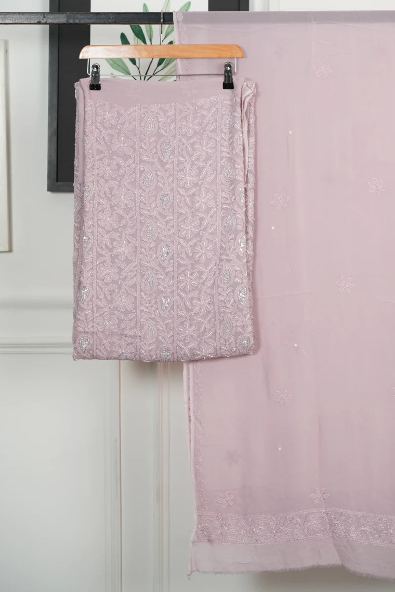 Mauve Pink Pure Georgette Chikankari Unstitched Kurta Piece with Dupatta
