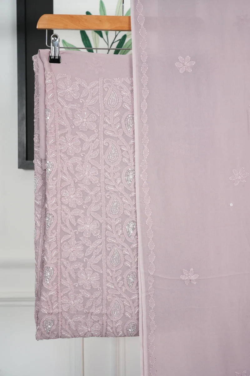 Mauve Pink Pure Georgette Chikankari Unstitched Kurta Piece with Dupatta