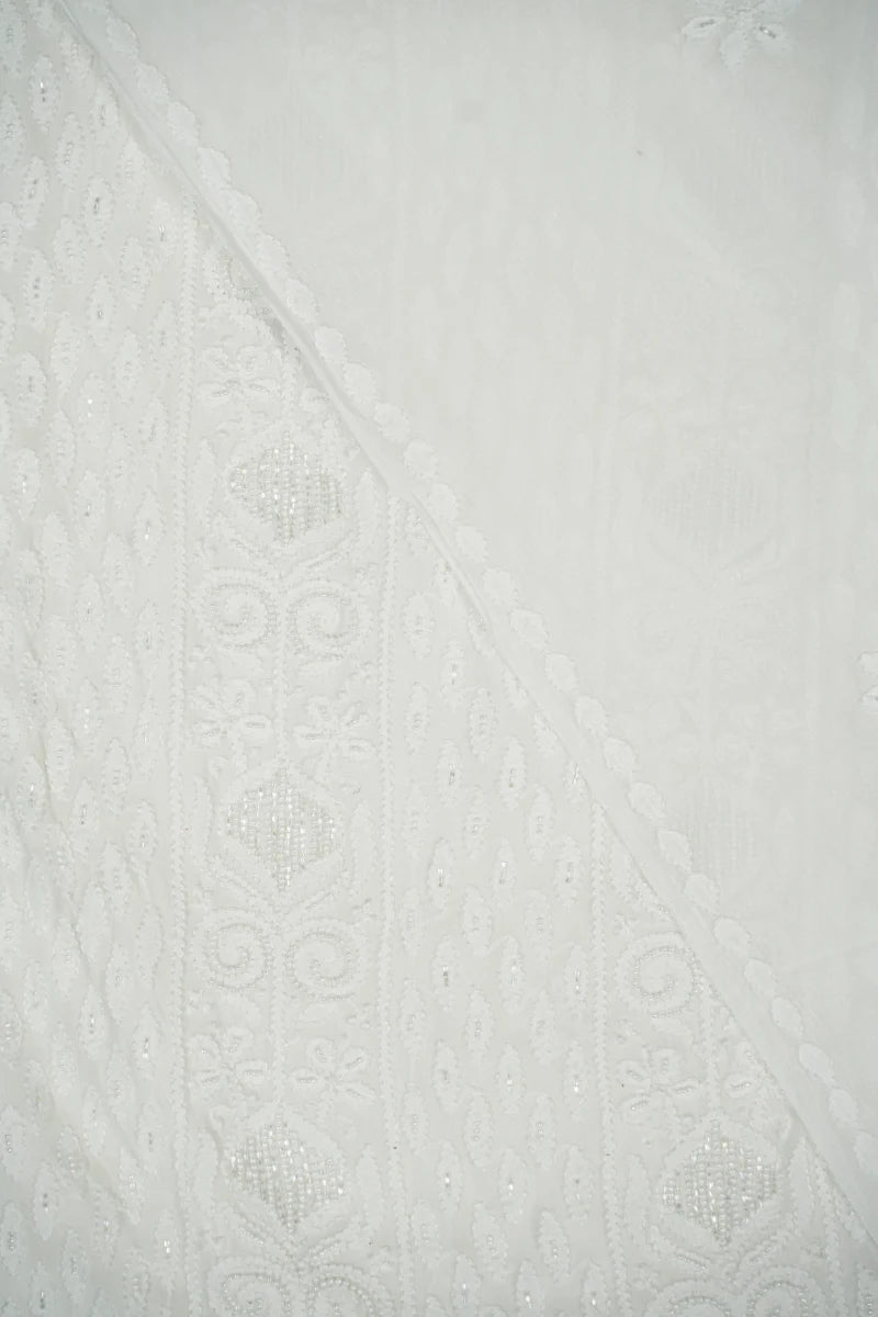 Pure White Pure Georgette Chikankari Unstitched Kurta Piece with Dupatta