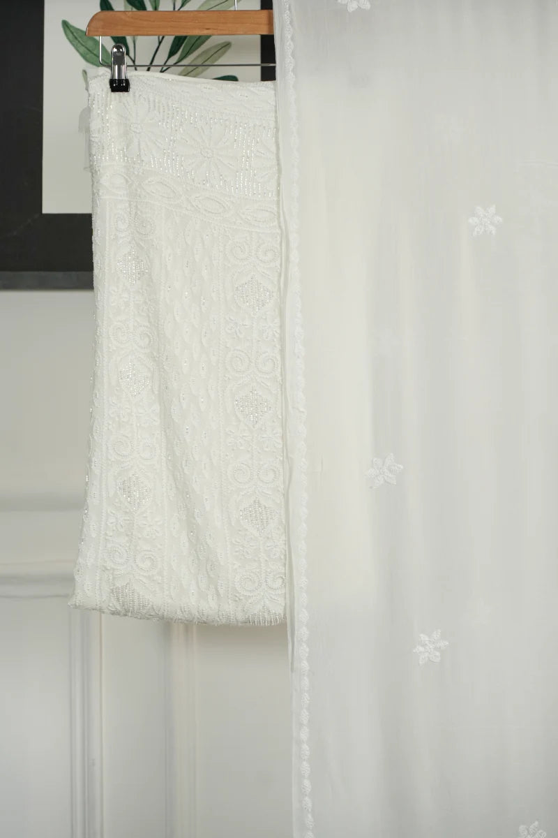 Pure White Pure Georgette Chikankari Unstitched Kurta Piece with Dupatta