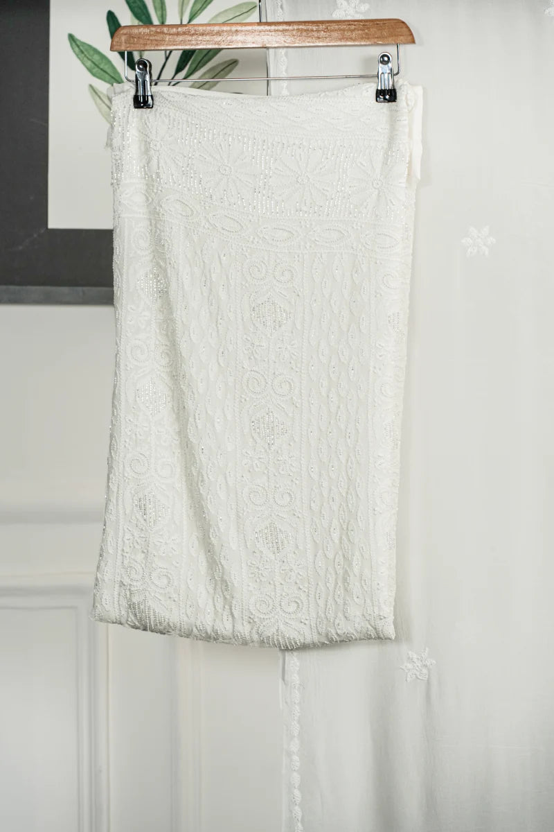 Pure White Pure Georgette Chikankari Unstitched Kurta Piece with Dupatta