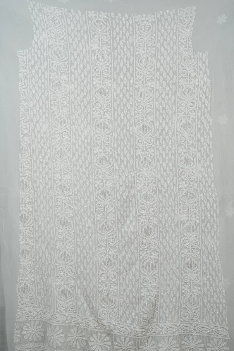 Pure White Pure Georgette Chikankari Unstitched Kurta Piece with Dupatta
