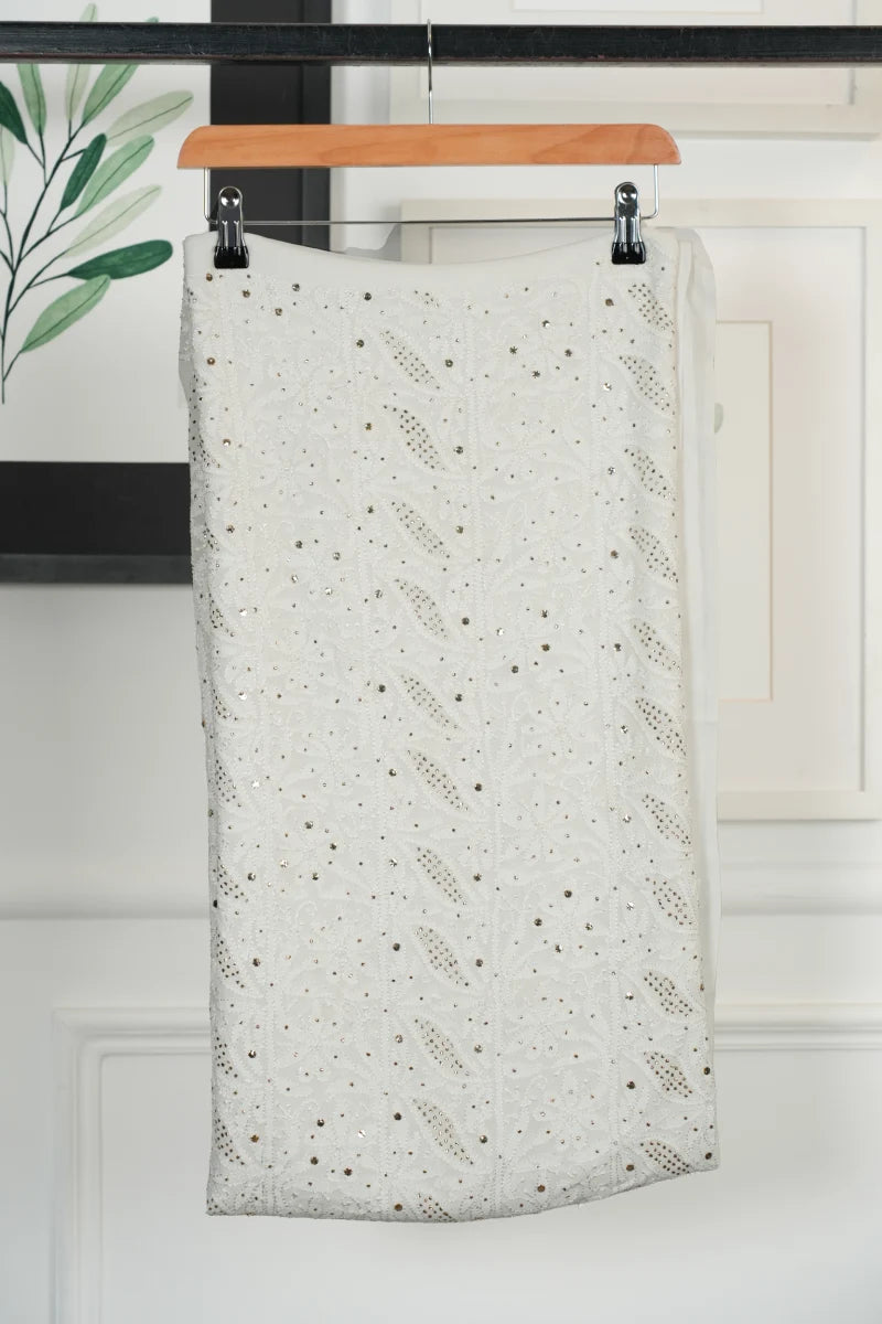 Pure White Pure Georgette Chikankari Unstitched Kurta Piece with Dupatta (Dyeable Fabric)