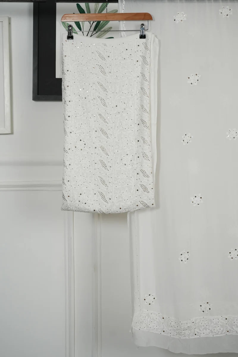 Pure White Pure Georgette Chikankari Unstitched Kurta Piece with Dupatta (Dyeable Fabric)