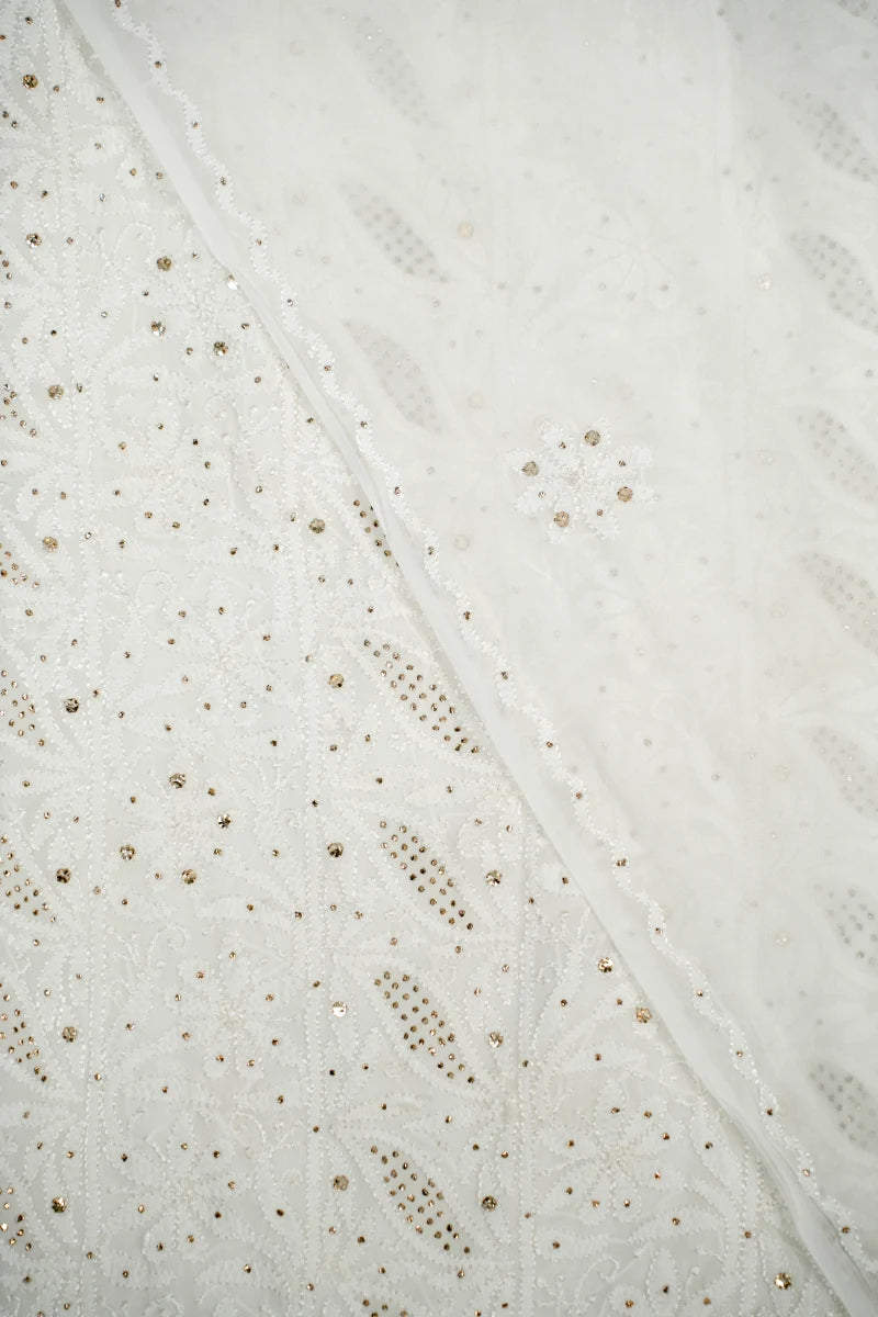 Pure White Pure Georgette Chikankari Unstitched Kurta Piece with Dupatta (Dyeable Fabric)