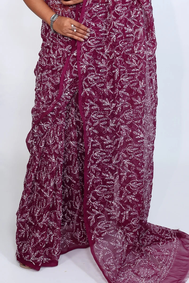 Wine Chikankari Saree with Handcrafted Floral Beauty