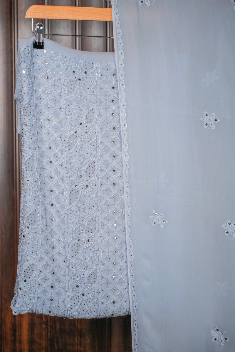 Bluish Grey Pure Georgette Chikankari Unstitched Kurta Piece with Dupatta