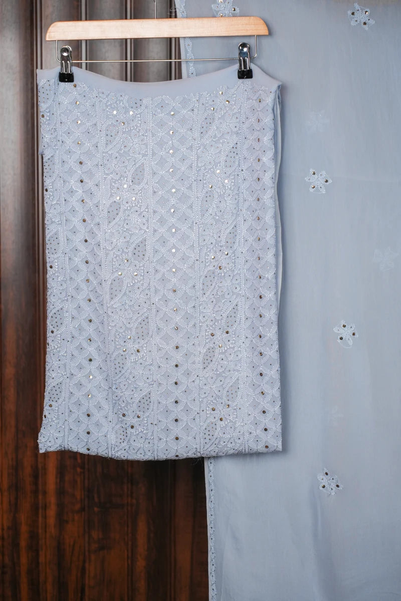 Bluish Grey Pure Georgette Chikankari Unstitched Kurta Piece with Dupatta