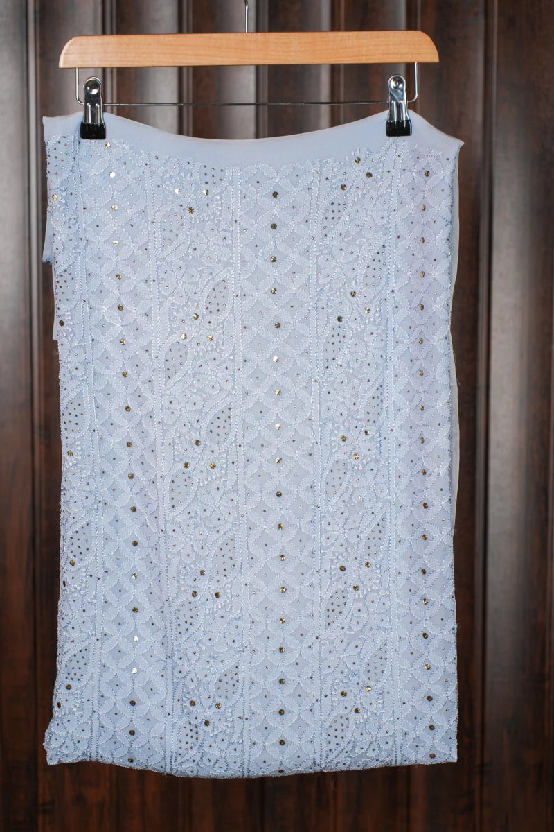 Bluish Grey Pure Georgette Chikankari Unstitched Kurta Piece with Dupatta