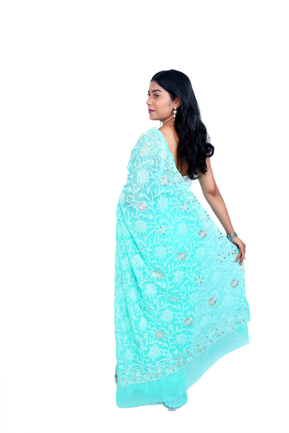 Mint Green Georgette Saree with Gotapatti Chikankari Embroidery