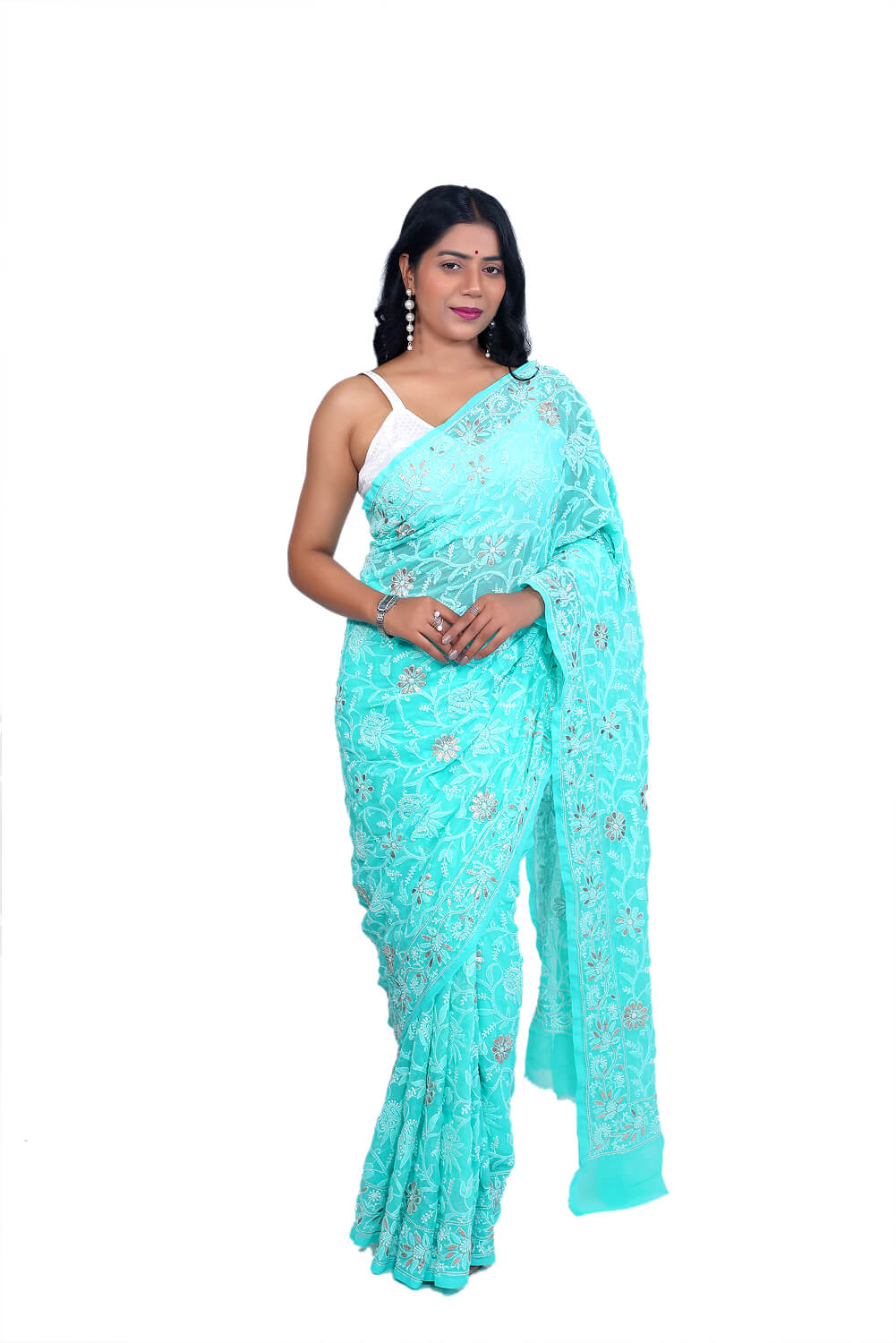 Mint Green Georgette Saree with Gotapatti Chikankari Embroidery