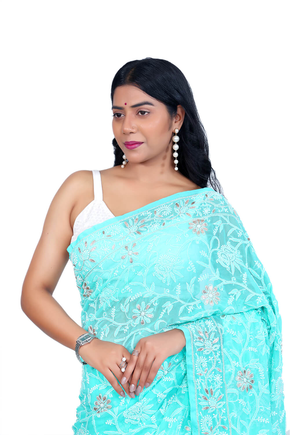 Mint Green Georgette Saree with Gotapatti Chikankari Embroidery