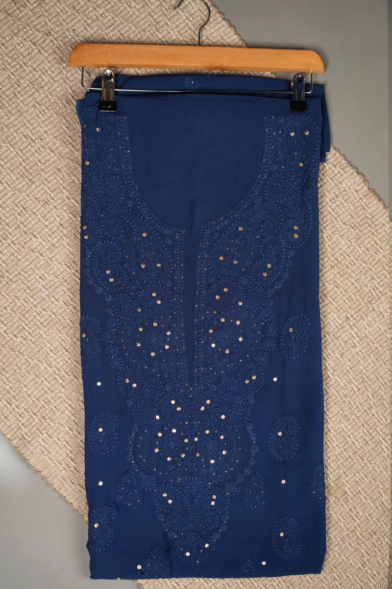 Indigo Blue Pure Georgette Chikankari Unstitched Kurta Piece with Dupatta