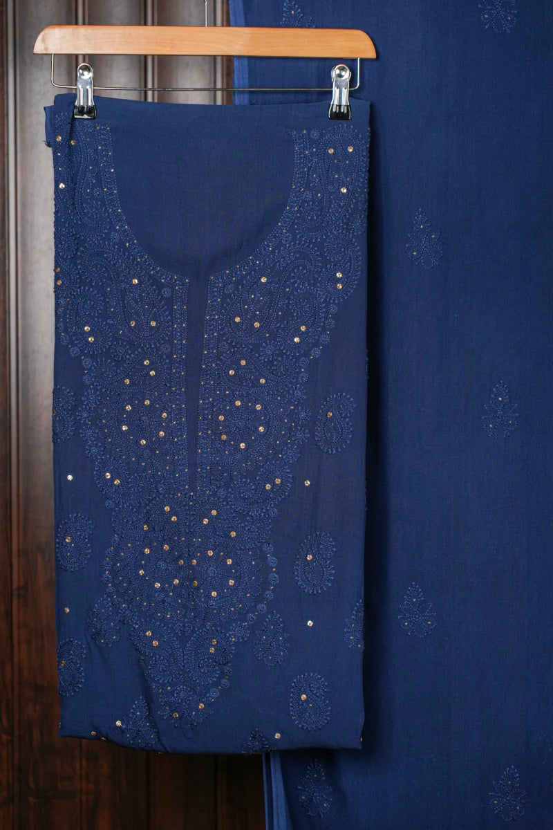Indigo Blue Pure Georgette Chikankari Unstitched Kurta Piece with Dupatta