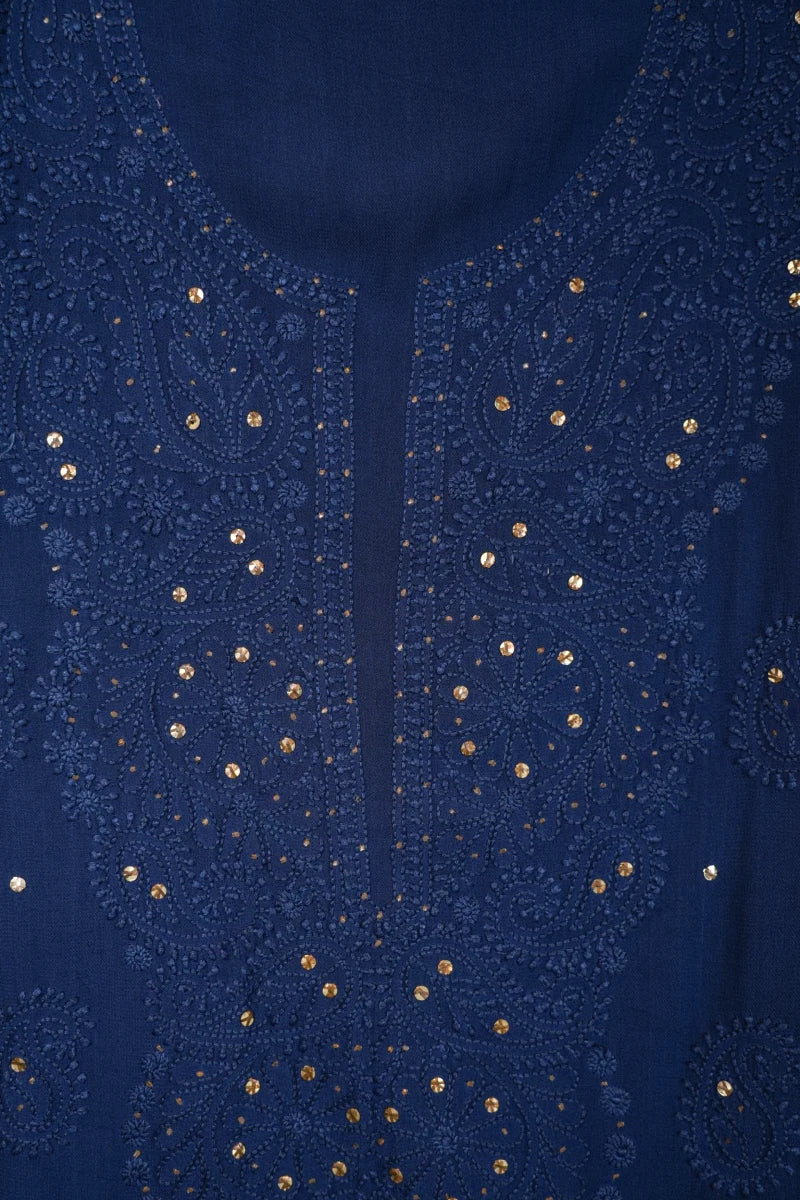 Indigo Blue Pure Georgette Chikankari Unstitched Kurta Piece with Dupatta