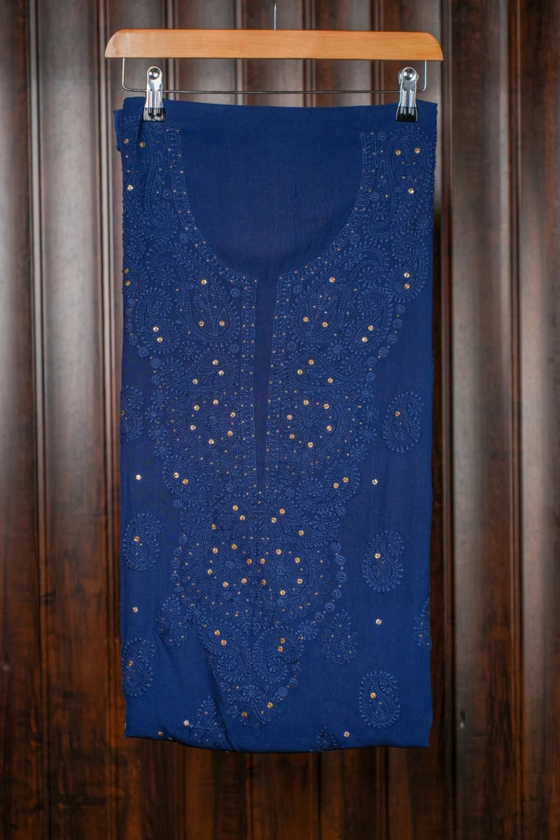 Indigo Blue Pure Georgette Chikankari Unstitched Kurta Piece with Dupatta