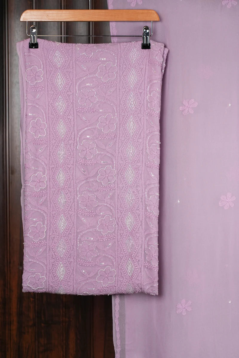 Mauve Pink Pure Georgette Chikankari Unstitched Suit