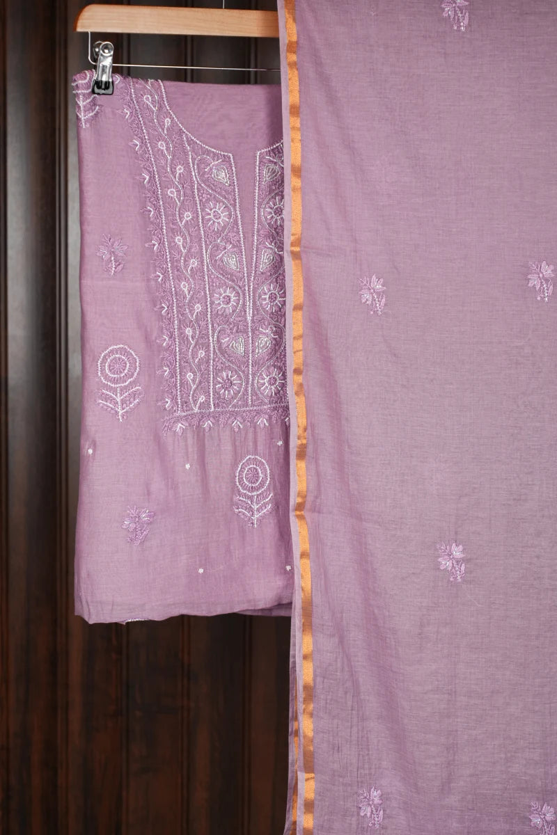 Pastel Mauve Chikankari chanderi Unstitched Kurta Piece with Dupatta