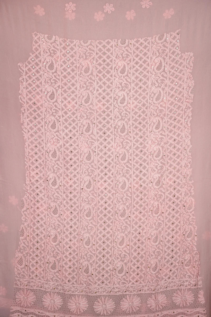 Peach Pure Georgette Chikankari Unstitched Kurta Piece with Dupatta