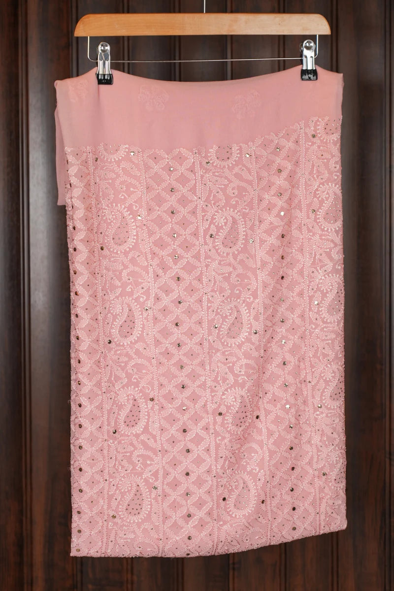 Peach Pure Georgette Chikankari Unstitched Kurta Piece with Dupatta