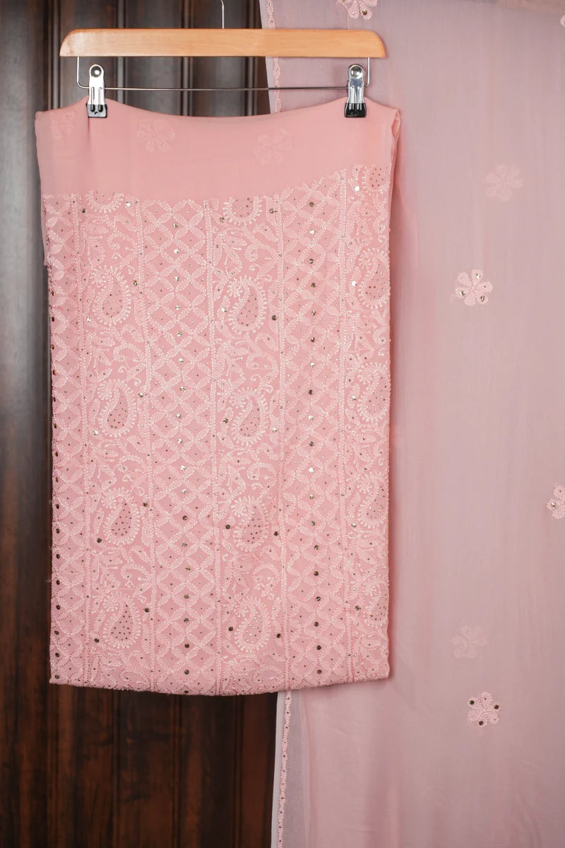 Peach Pure Georgette Chikankari Unstitched Kurta Piece with Dupatta