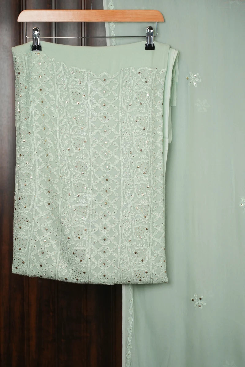 Pastel Green Pure Georgette Chikankari Unstitched Kurta Piece with Dupatta