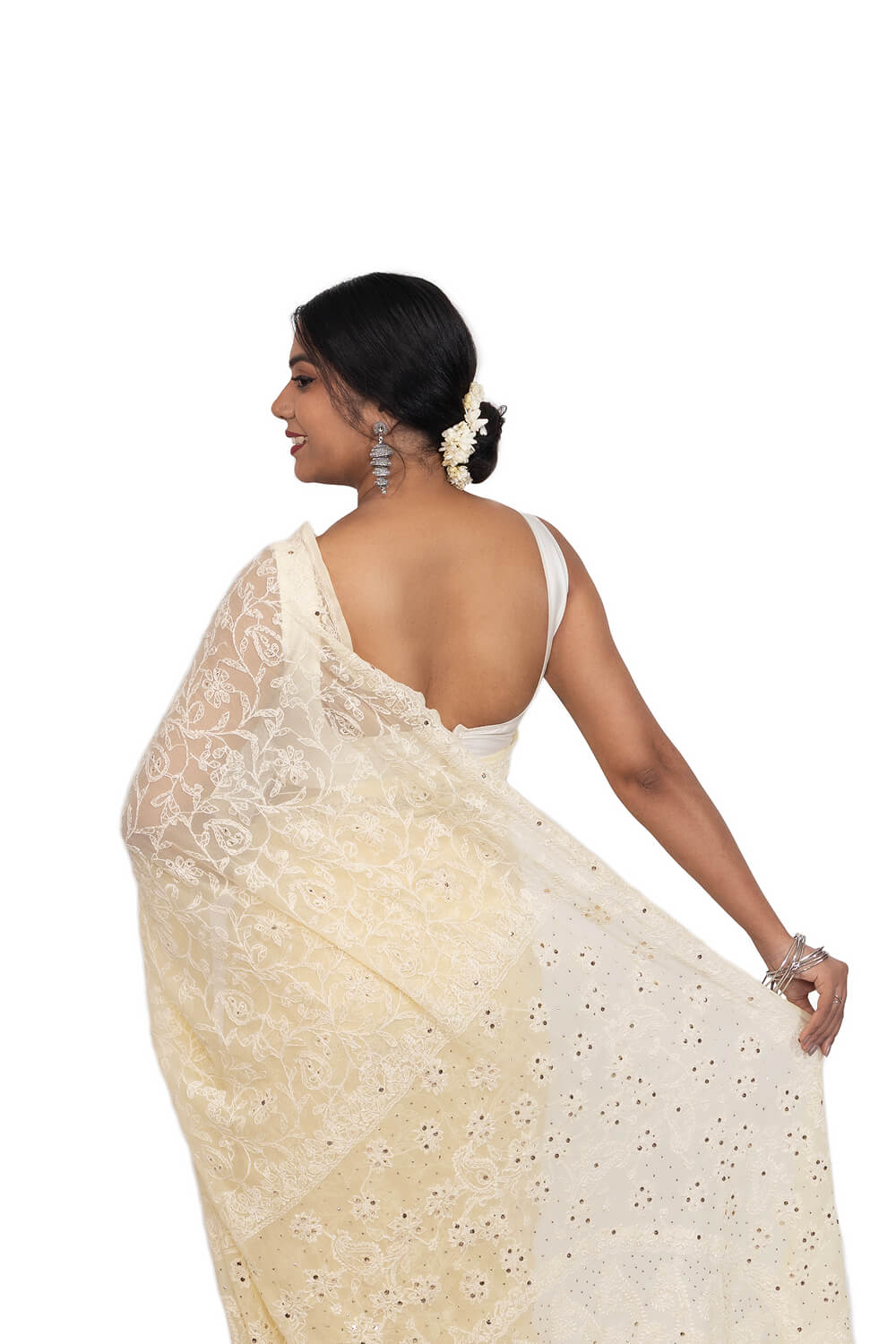 Pastel Yellow Georgette Chikankari Saree with Mukesh Work