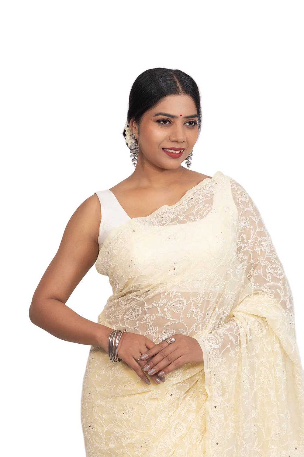 Pastel Yellow Georgette Chikankari Saree with Mukesh Work