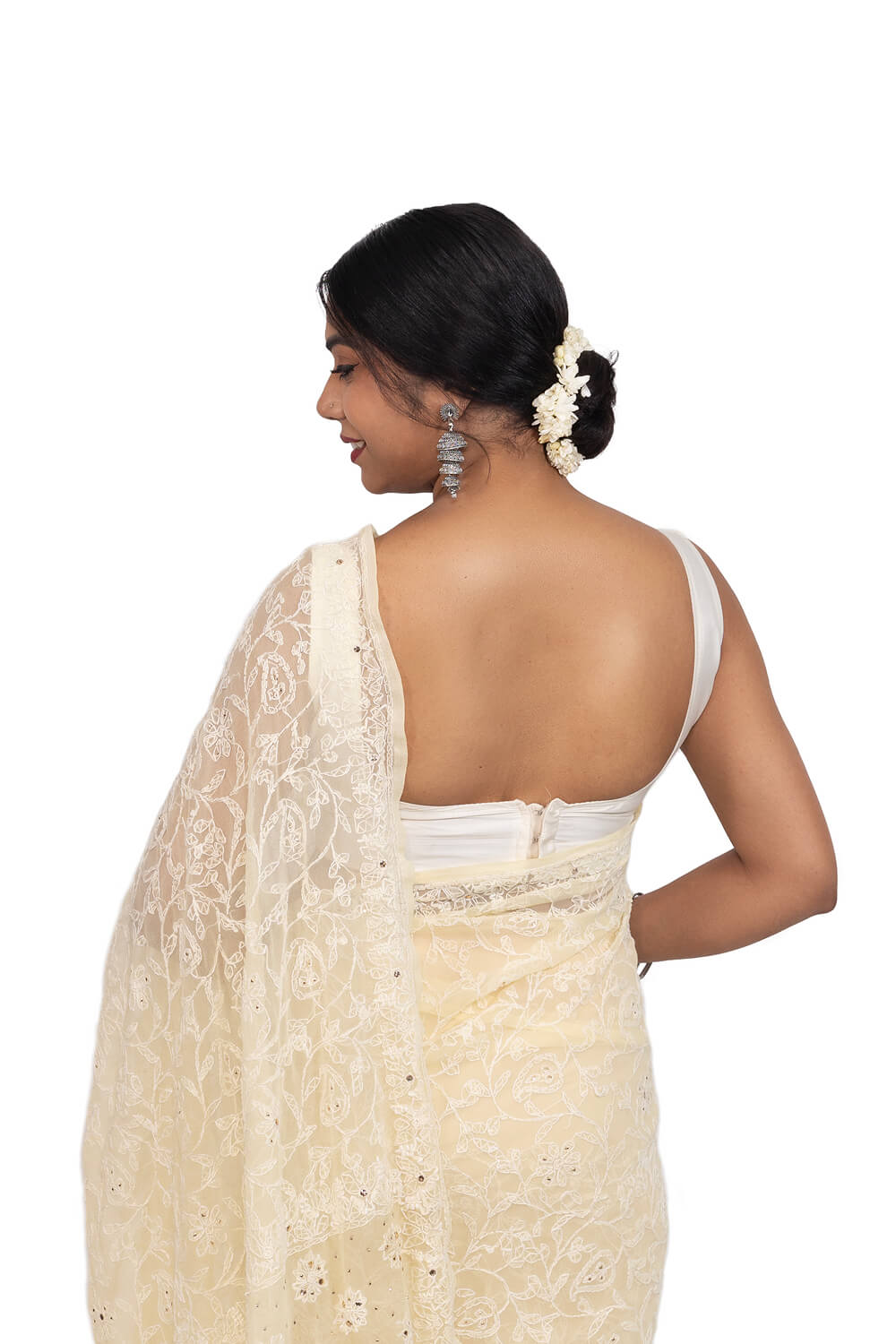 Pastel Yellow Georgette Chikankari Saree with Mukesh Work