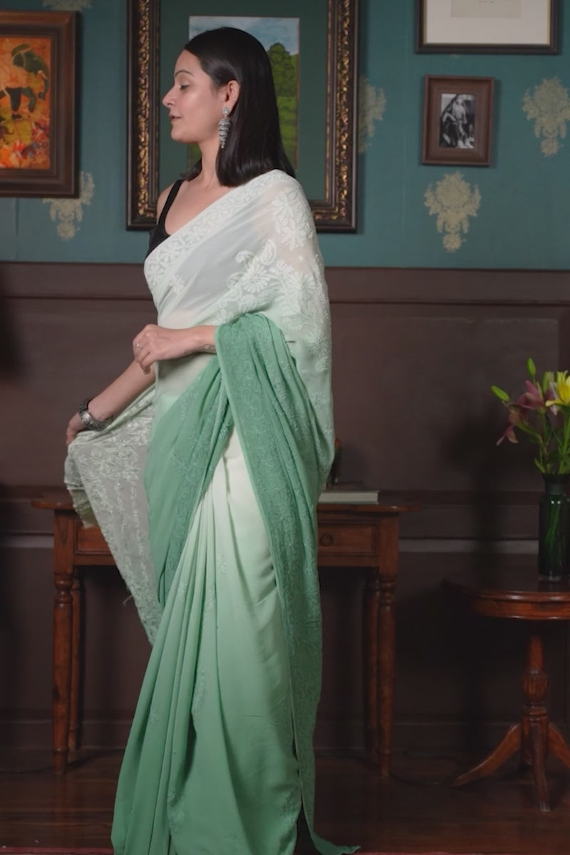Ombre Green Pure Georgette Saree with Resham Dhaga Work