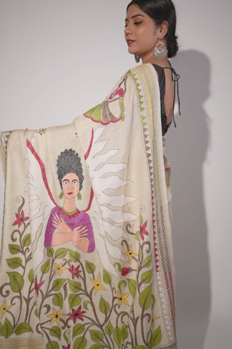 Beige Kaatan Silk Saree with Multicolor Kantha Stitch Embroidery