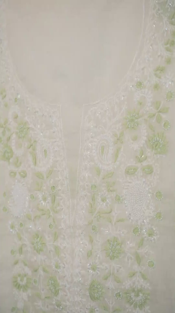 Viscose White Chanderi Chikankari Unstitched Kurta Piece with Dupatta